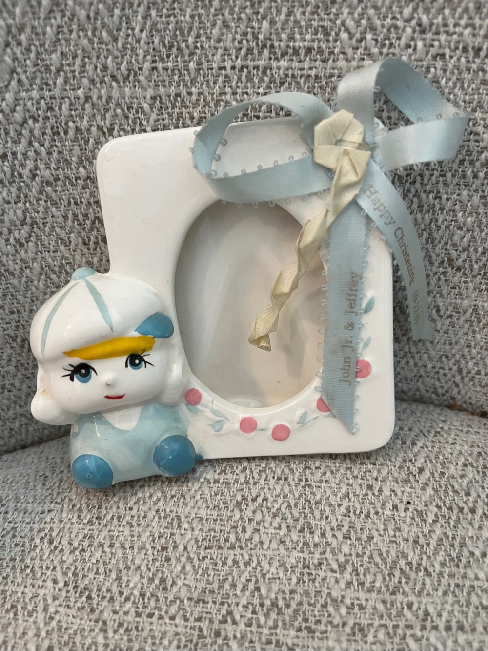 Vintage 1989 ceramic picture frame smiling child oval opening pink blue Taiwan